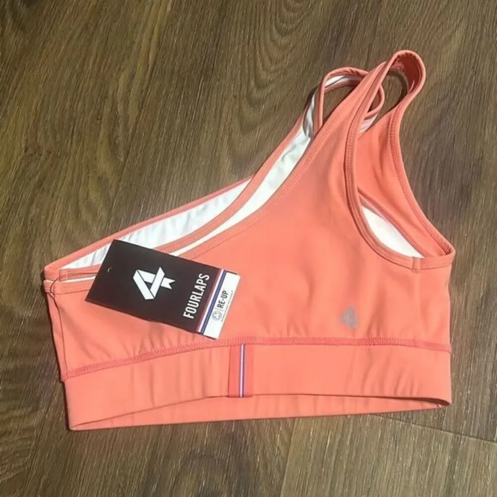 Fourlaps one shoulder coral sports bra workout double sided strap comfort runnin